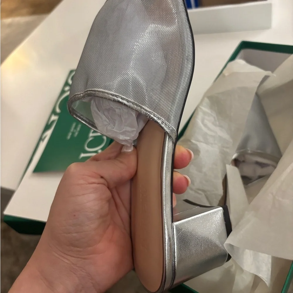 NWB J. Crew Mule Block Heel Sandals in Silver Metallic Mesh Size 12